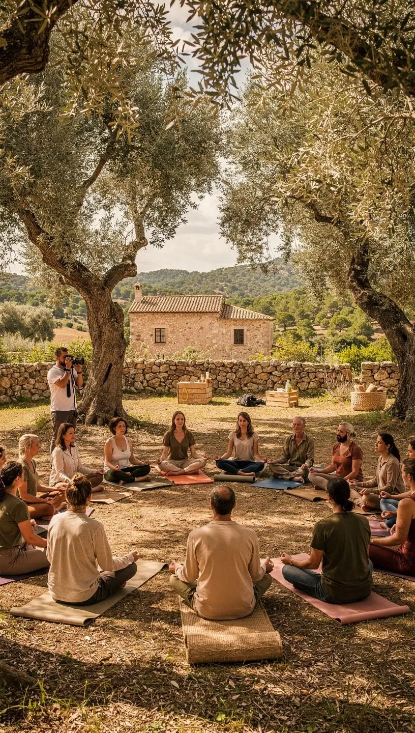 Grupo de participantes en un taller de yoga, recibiendo instrucción de un maestro experimentado.