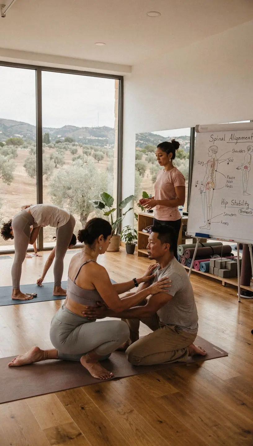 Estudiante practicando una postura de yoga en un entorno natural durante su formación como instructor.