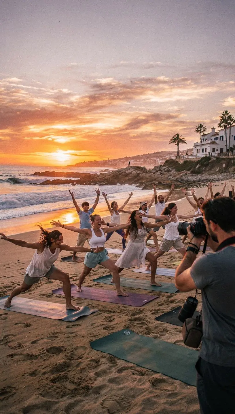Clase de yoga en un estudio luminoso, con alumnos concentrados en la meditación guiada.