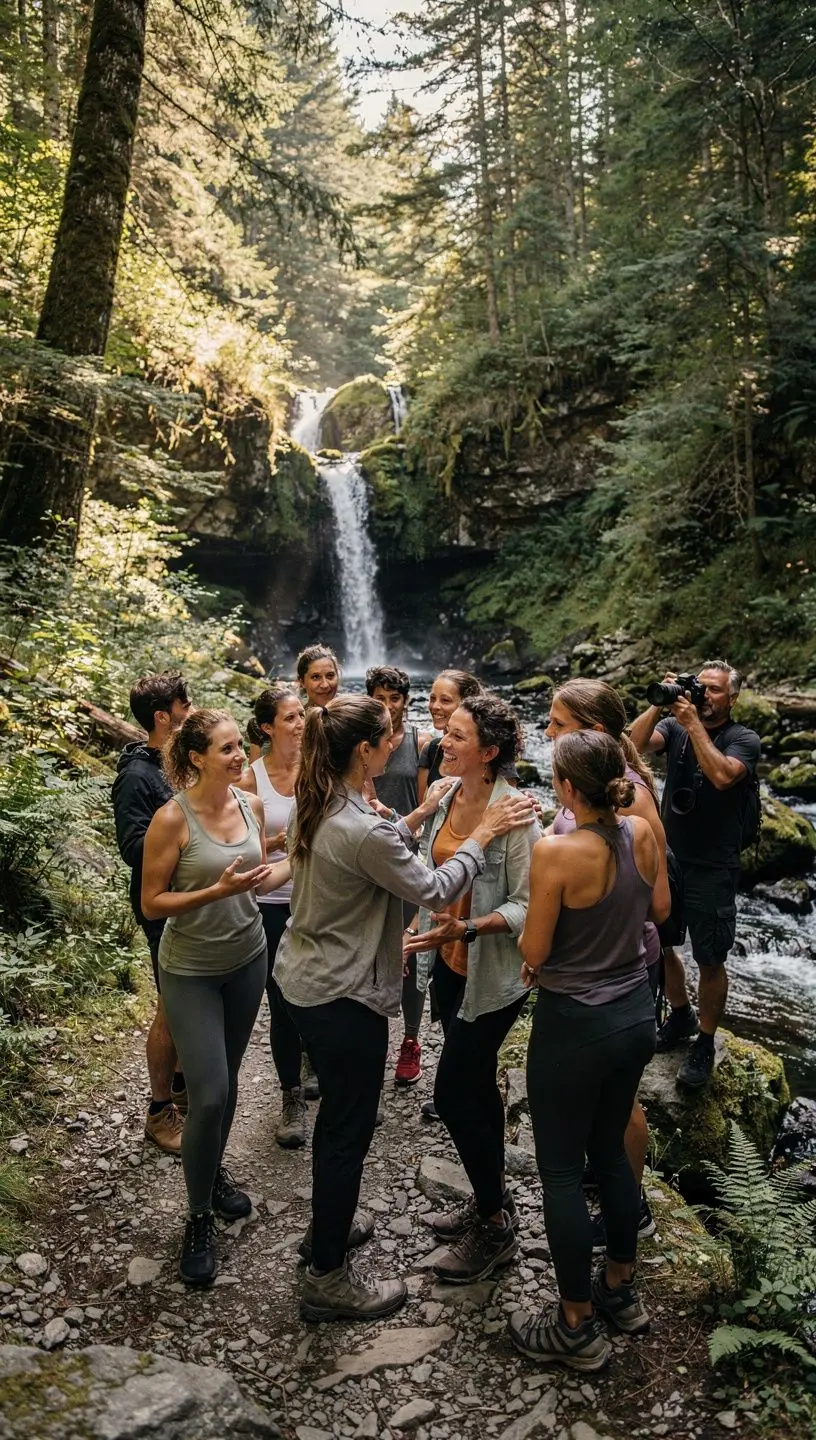 Atardecer en la playa mientras los estudiantes realizan yoga en la arena.