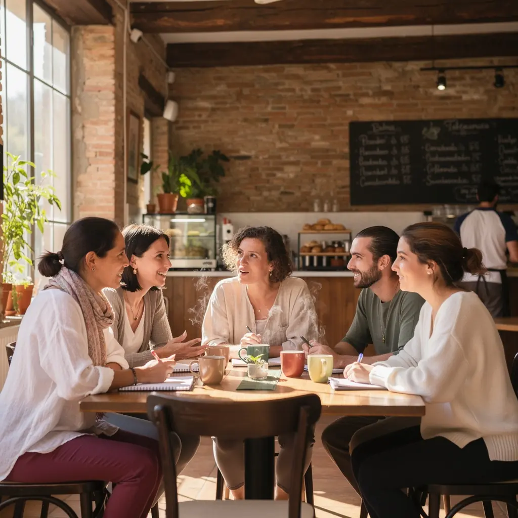 Atardecer en la playa mientras los estudiantes realizan yoga en la arena.