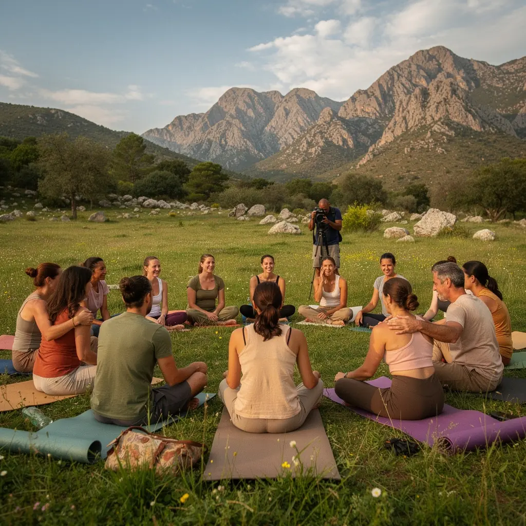 Atardecer en la playa mientras los estudiantes realizan yoga en la arena.