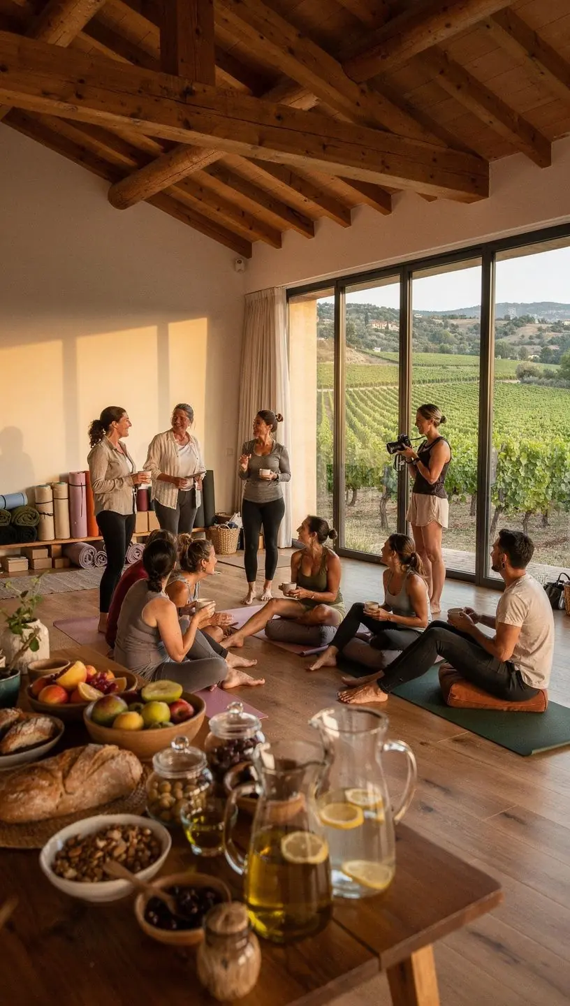 Atardecer en la playa mientras los estudiantes realizan yoga en la arena.