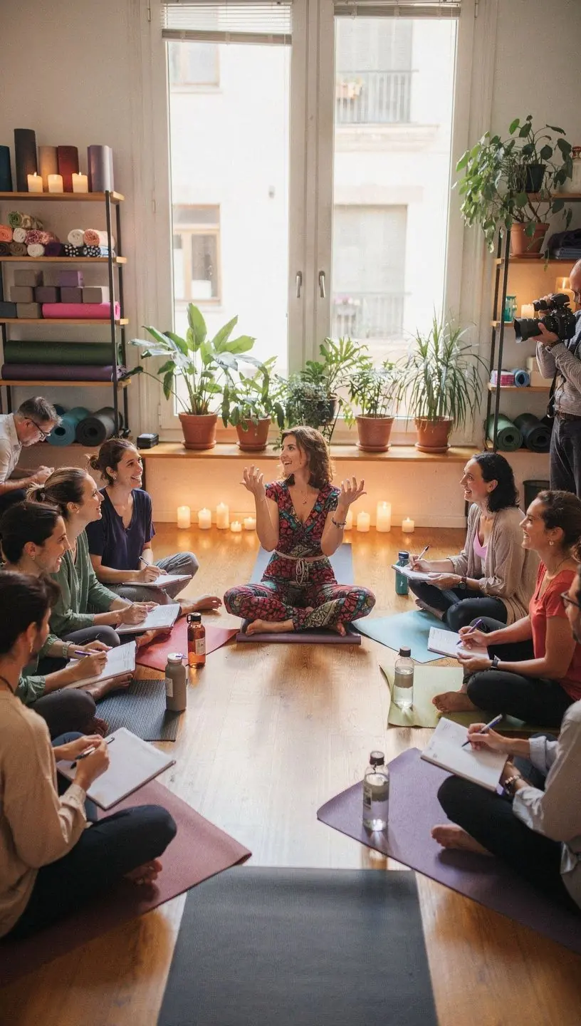 Atardecer en la playa mientras los estudiantes realizan yoga en la arena.