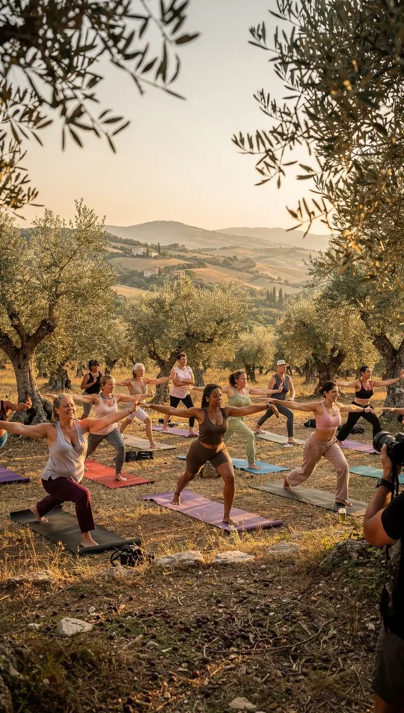 Atardecer en la playa mientras los estudiantes realizan yoga en la arena.