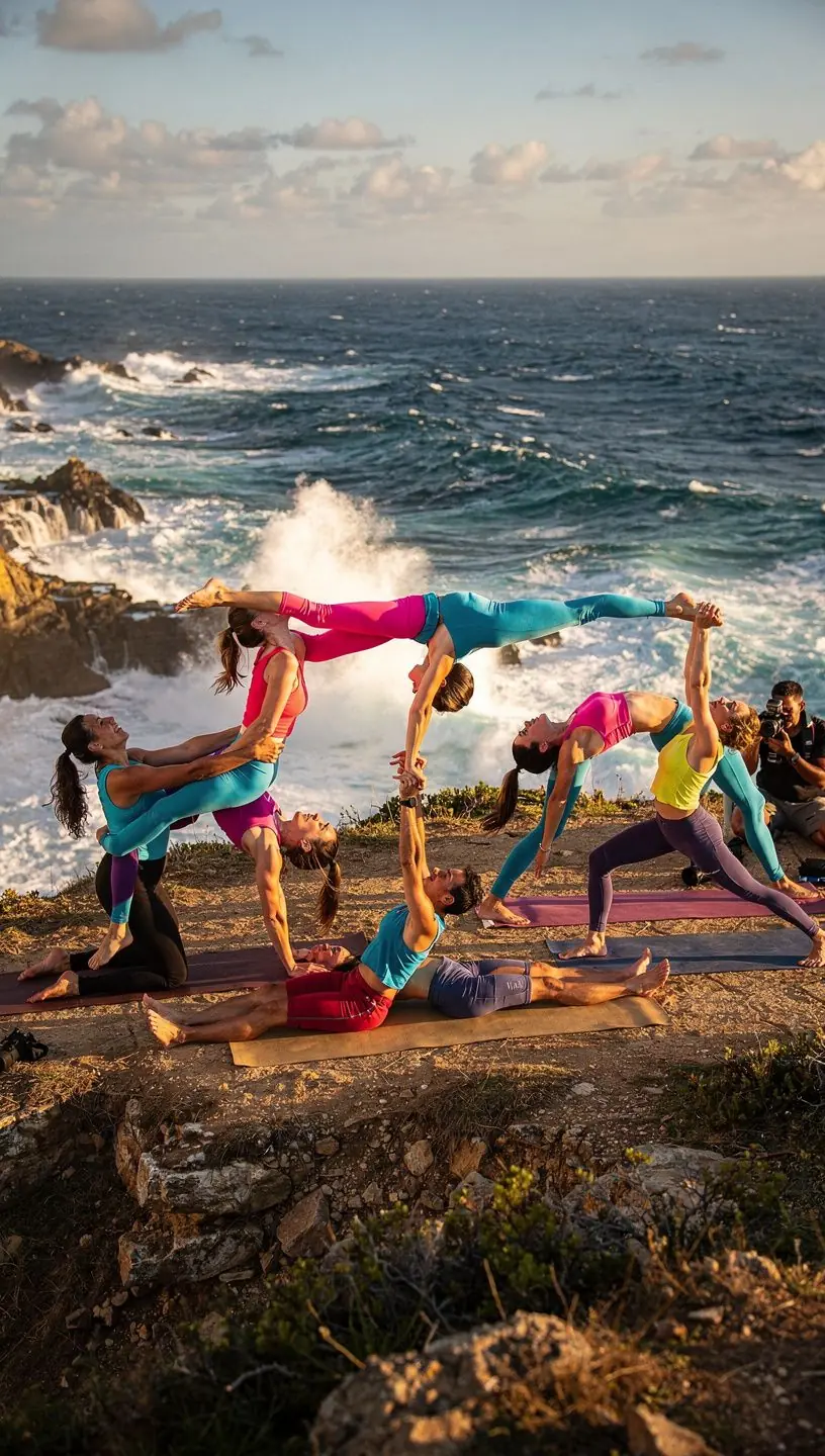 Atardecer en la playa mientras los estudiantes realizan yoga en la arena.