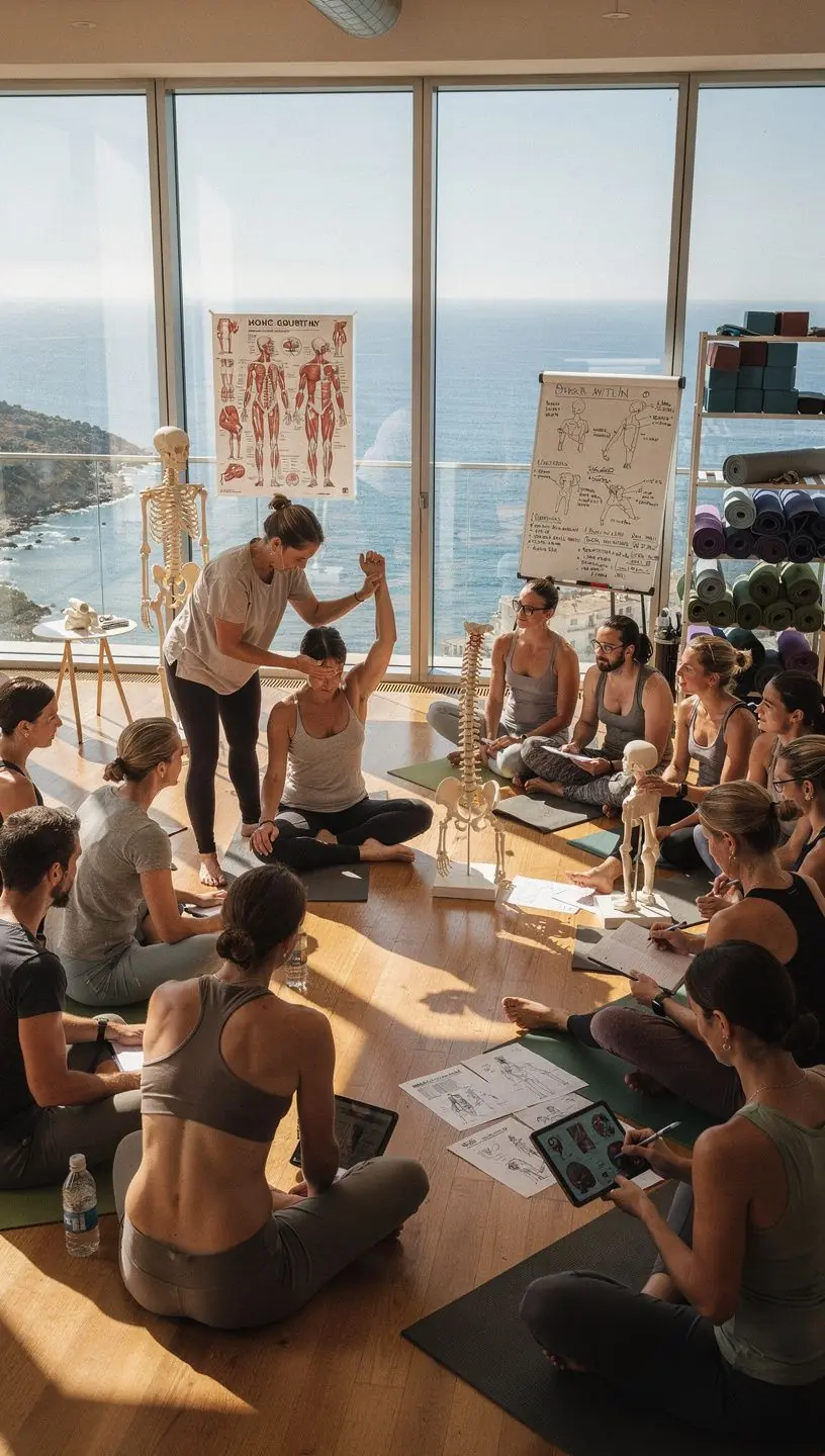 Instructor de yoga guiando una clase al aire libre en un entorno natural.