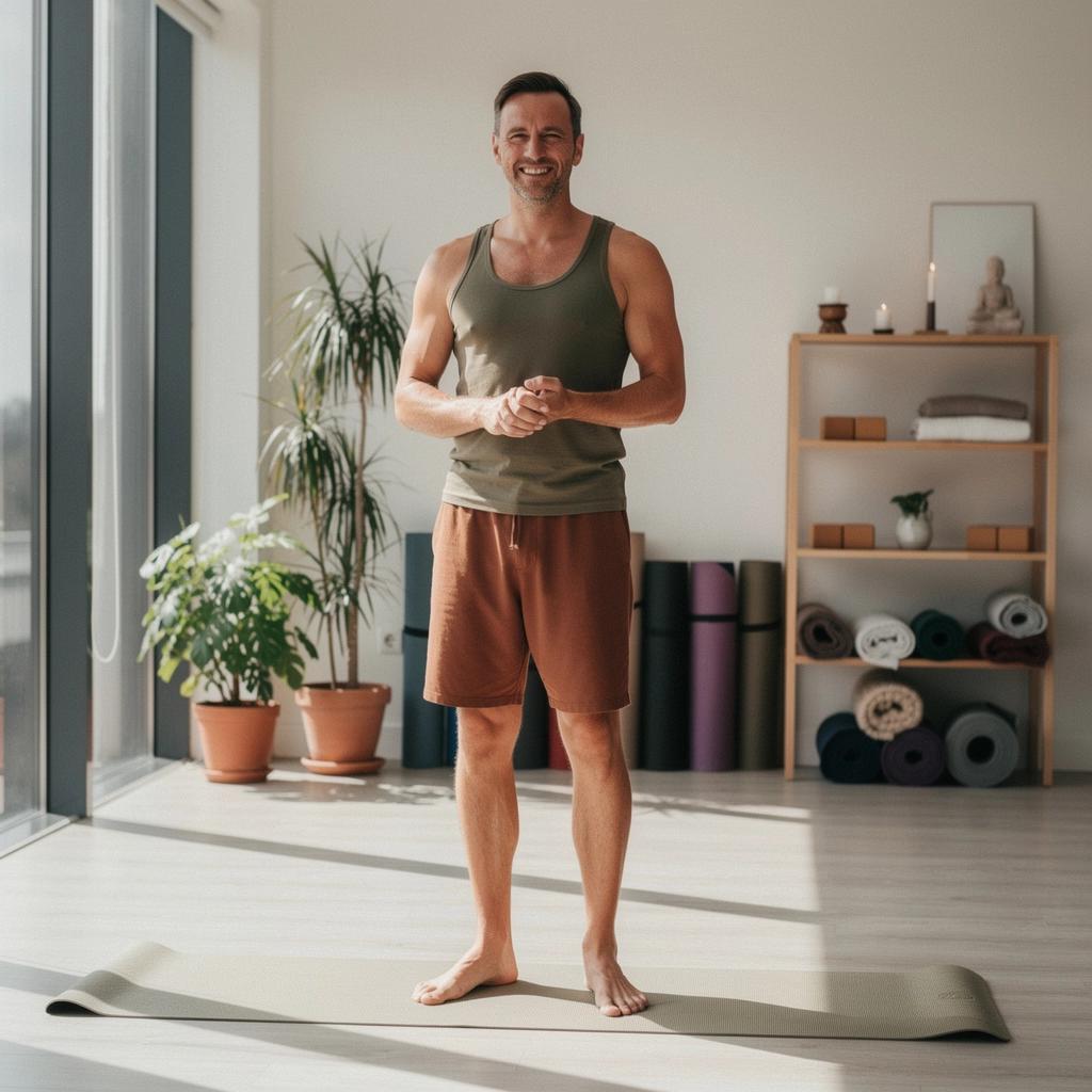 Estudiantes practicando posturas de yoga en un estudio luminoso y acogedor.
